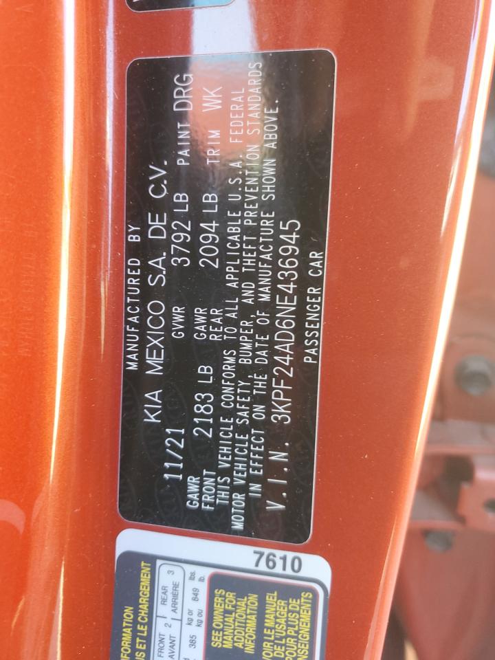 2022 Kia Forte Fe VIN: 3KPF24AD6NE436945 Lot: 86181085