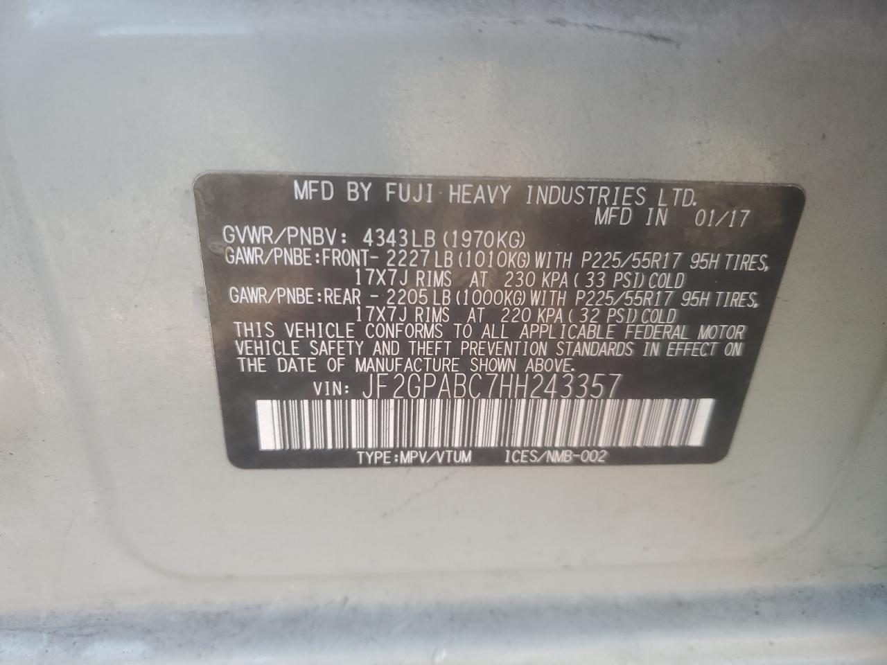 2017 Subaru Crosstrek Premium VIN: JF2GPABC7HH243357 Lot: 85320055