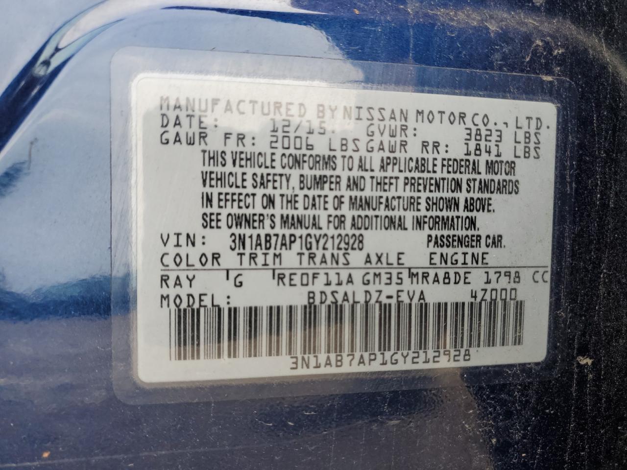 2016 Nissan Sentra S VIN: 3N1AB7AP1GY212928 Lot: 86243755