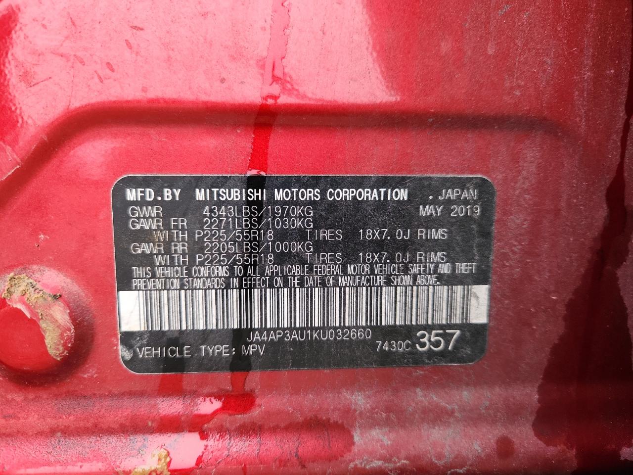 2019 Mitsubishi Outlander Sport Es VIN: JA4AP3AU1KU032660 Lot: 82755375