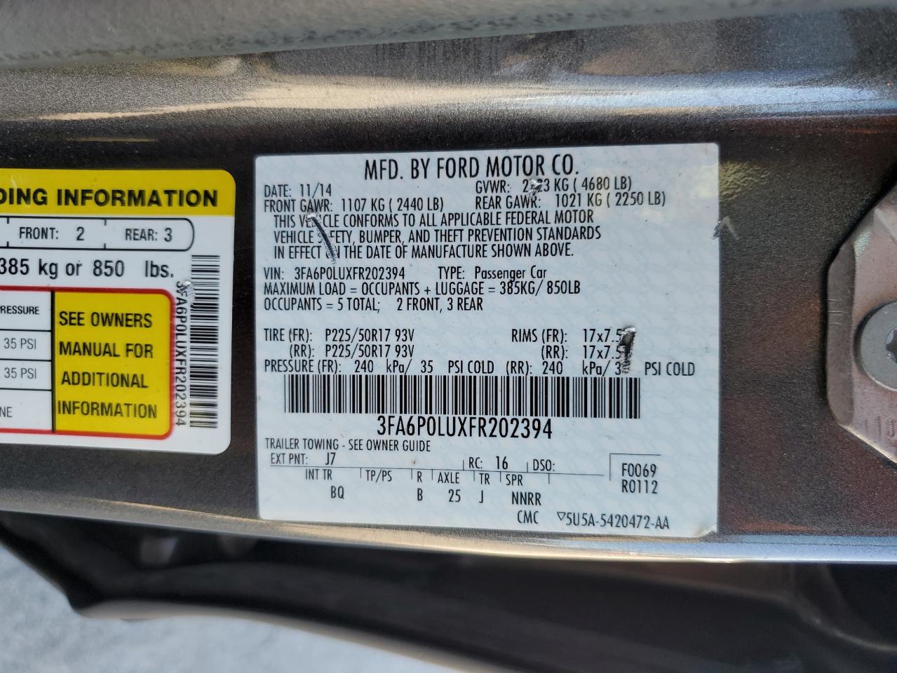 2015 Ford Fusion Se Hybrid VIN: 3FA6P0LUXFR202394 Lot: 84601655