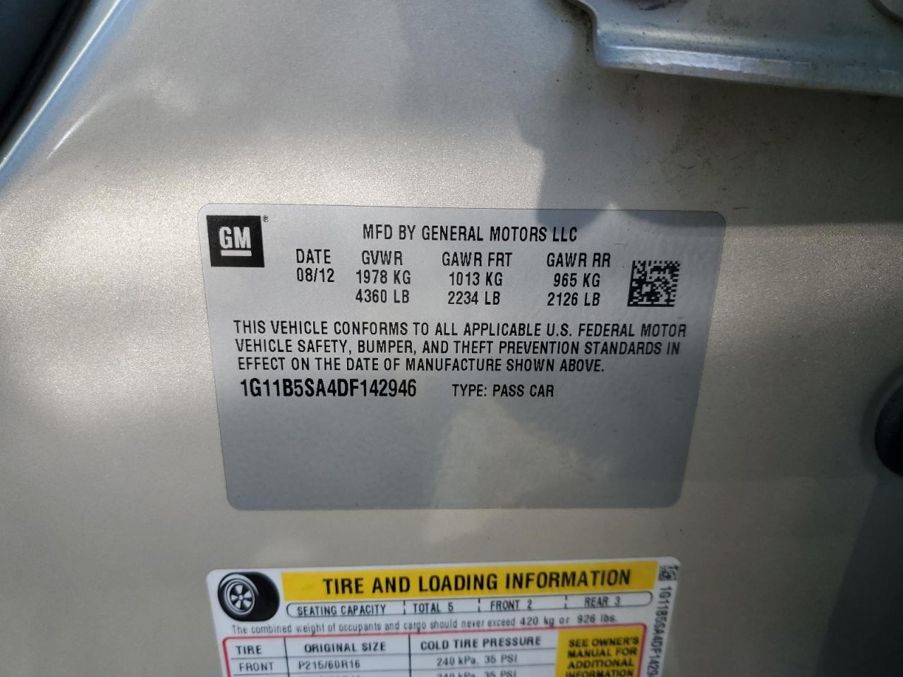 2013 Chevrolet Malibu Ls VIN: 1G11B5SA4DF142946 Lot: 86481985