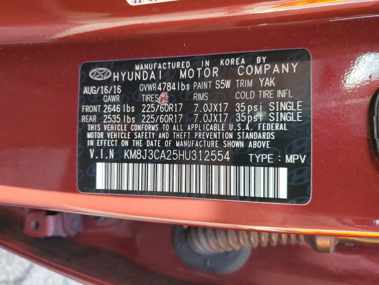 2017 Hyundai Tucson Limited VIN: KM8J3CA25HU312554 Lot: 86070155