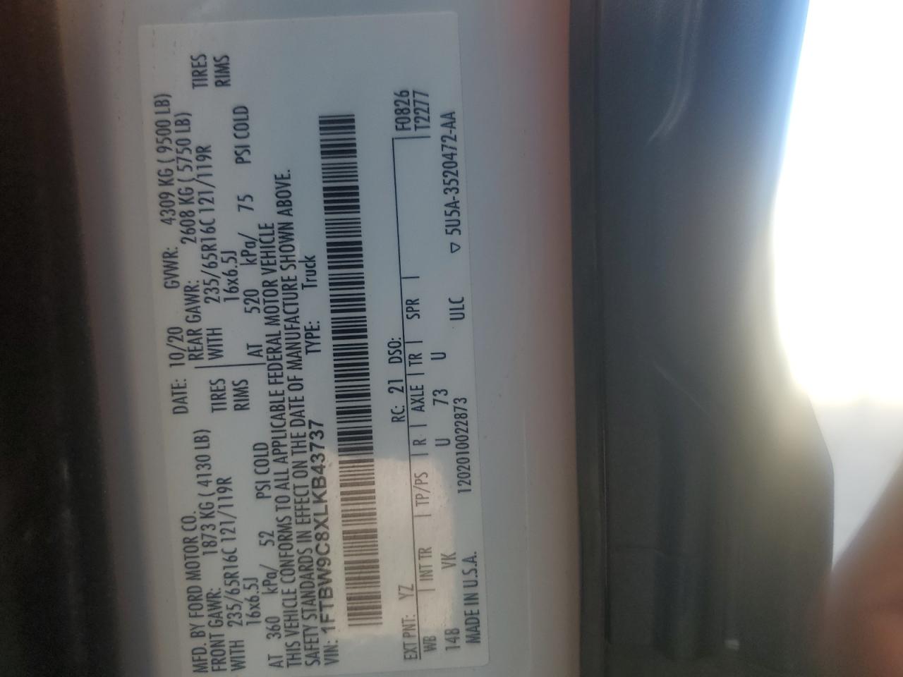 2020 Ford Transit T-350 VIN: 1FTBW9C8XLKB43737 Lot: 84167925