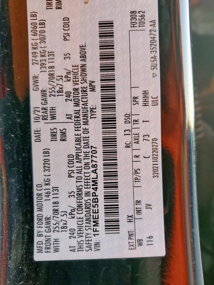 2021 Ford Bronco Base VIN: 1FMEE5BP4MLA87707 Lot: 85279505