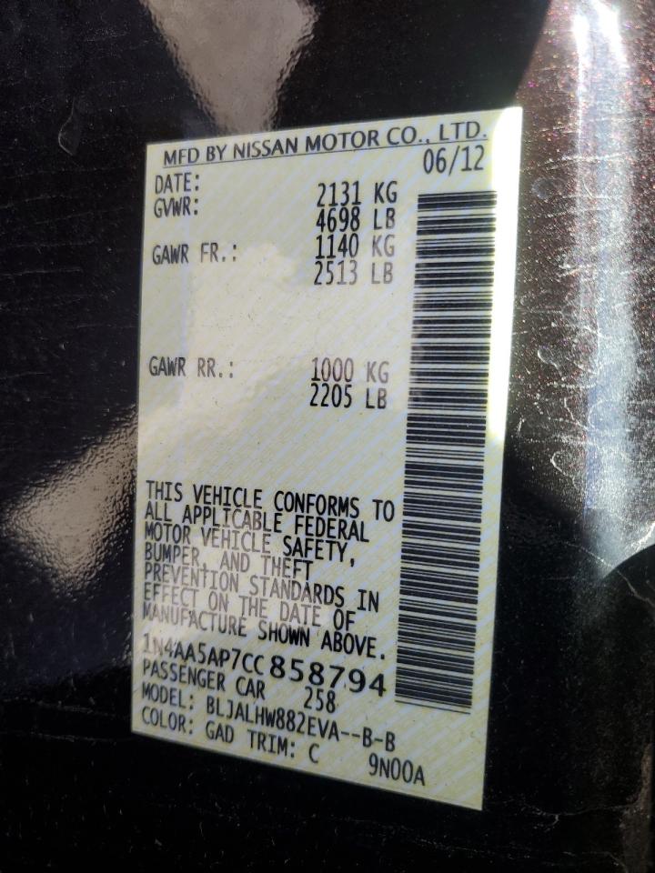 2012 Nissan Maxima S VIN: 1N4AA5AP7CC858794 Lot: 85166675