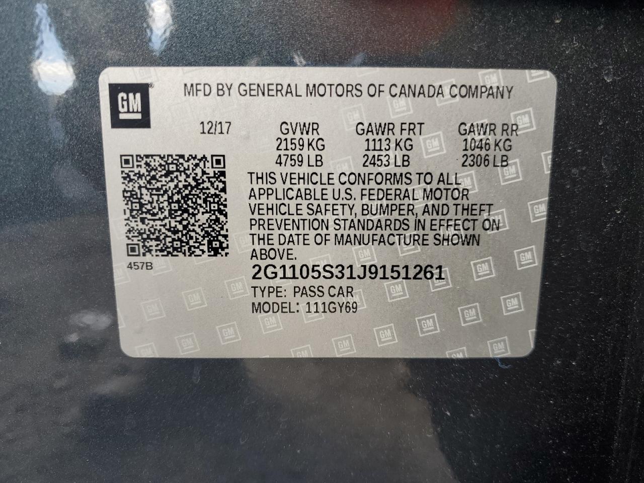 2018 Chevrolet Impala Lt VIN: 2G1105S31J9151261 Lot: 82384875