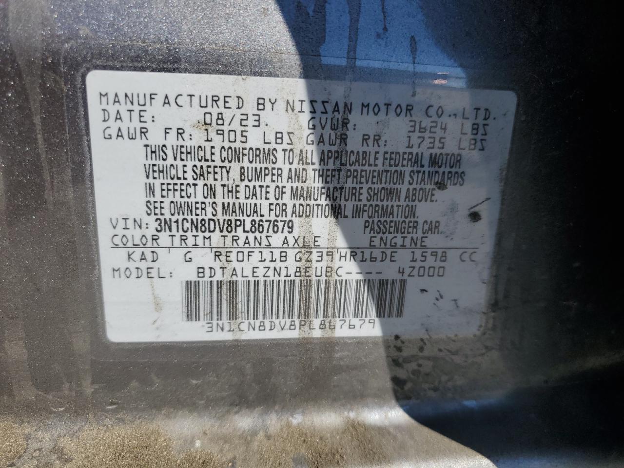 2023 Nissan Versa S VIN: 3N1CN8DV8PL867679 Lot: 85536585