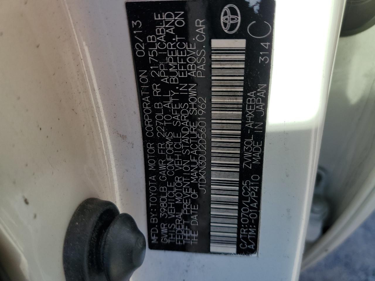 2013 Toyota Prius VIN: JTDKN3DU2D5601962 Lot: 87252005