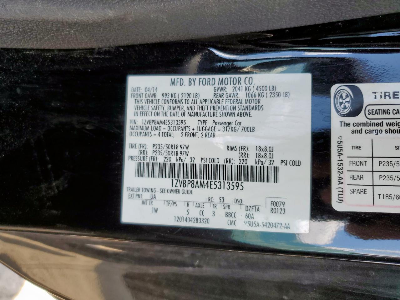 2014 Ford Mustang VIN: 1ZVBP8AM4E5313595 Lot: 85668505