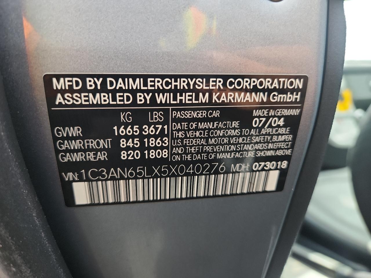 2005 Chrysler Crossfire Limited VIN: 1C3AN65LX5X040276 Lot: 85926575