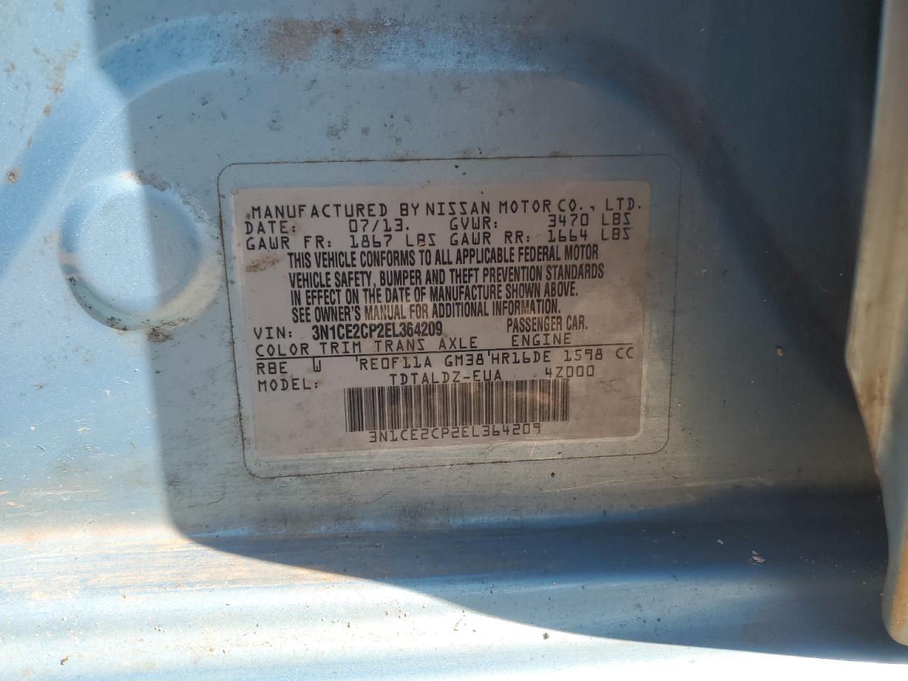 2014 Nissan Versa Note S VIN: 3N1CE2CP2EL364209 Lot: 84793635