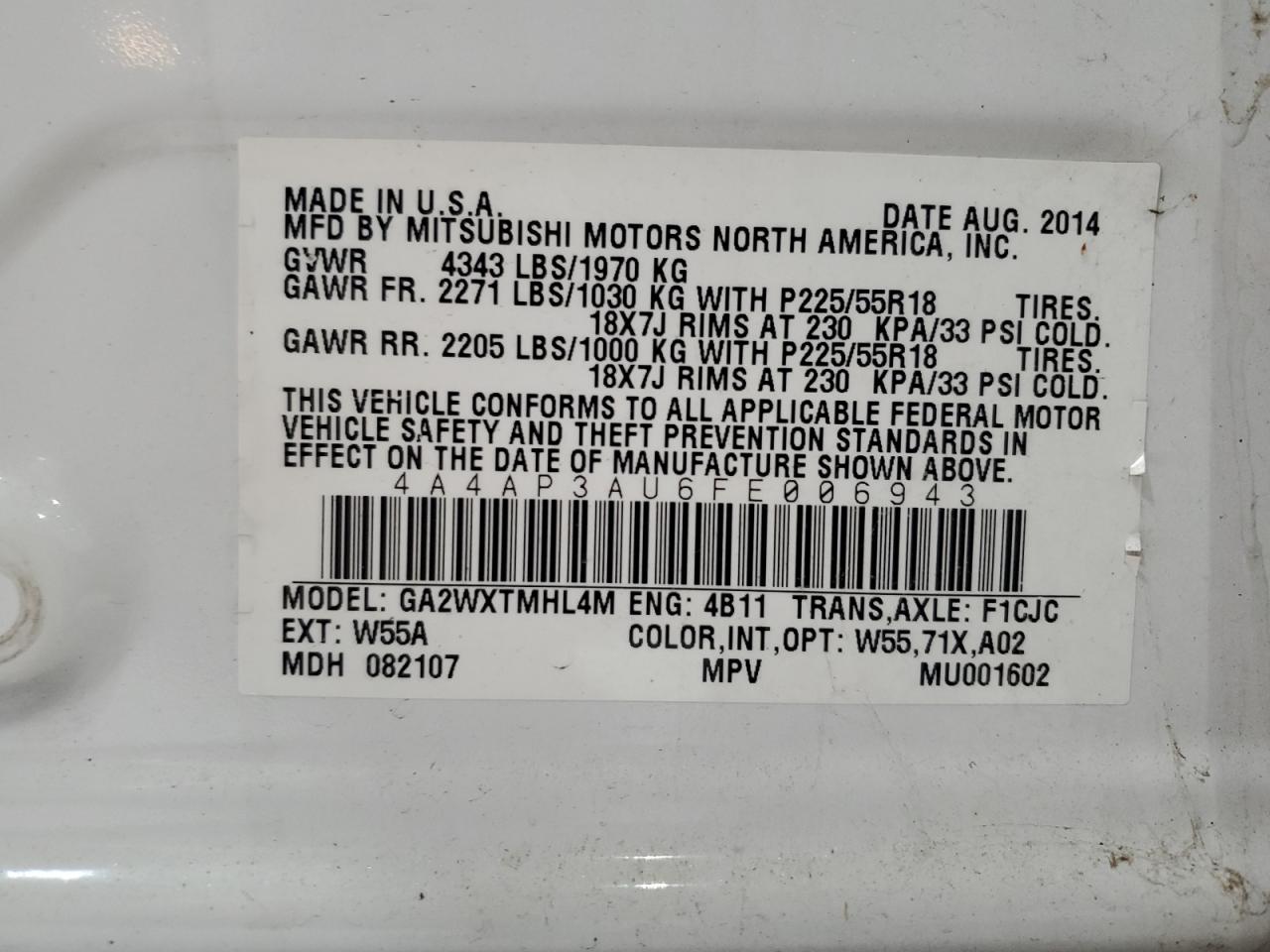 2015 Mitsubishi Outlander Sport Es VIN: 4A4AP3AU6FE006943 Lot: 82784925