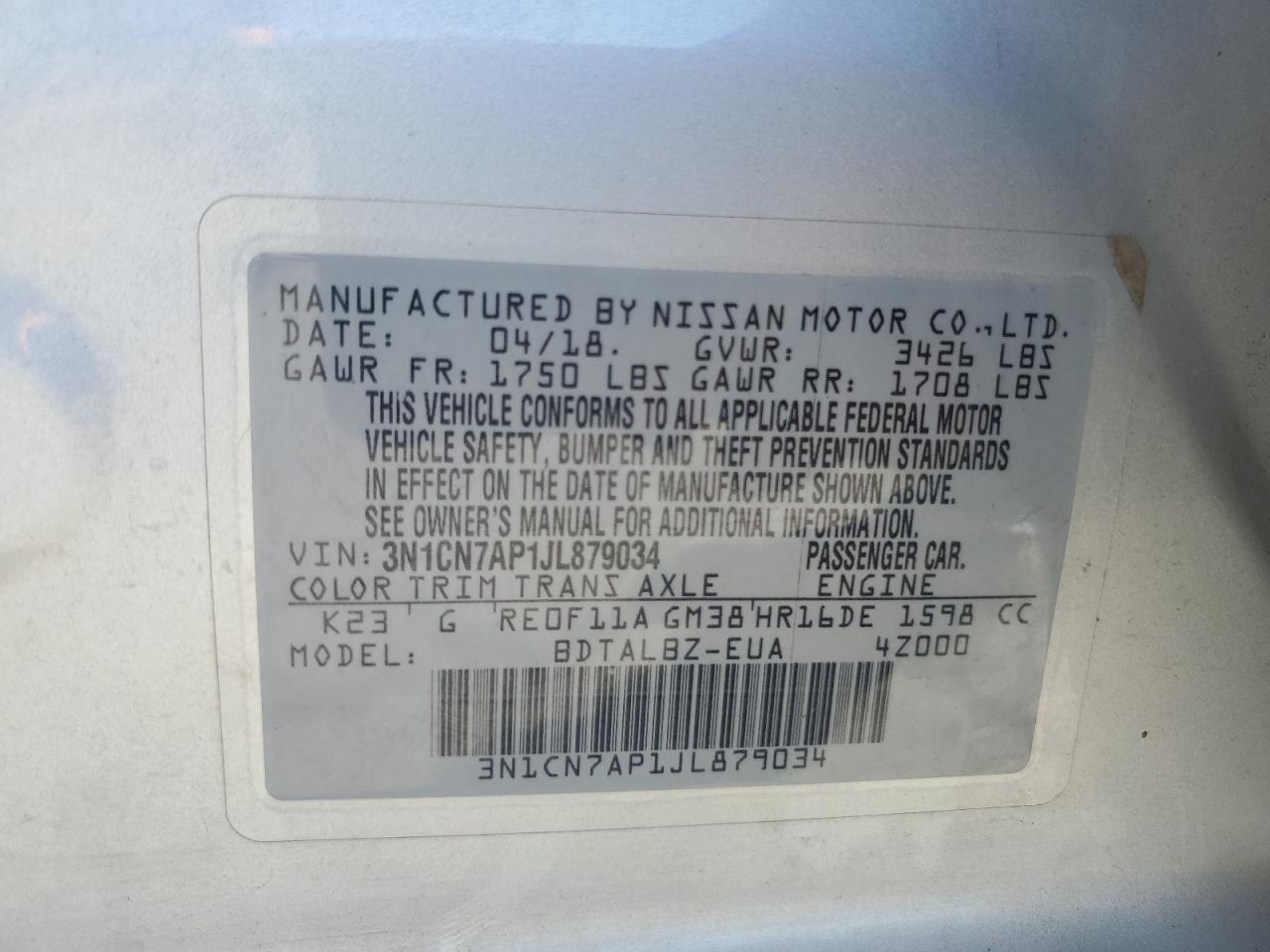 2018 Nissan Versa S VIN: 3N1CN7AP1JL879034 Lot: 82591715