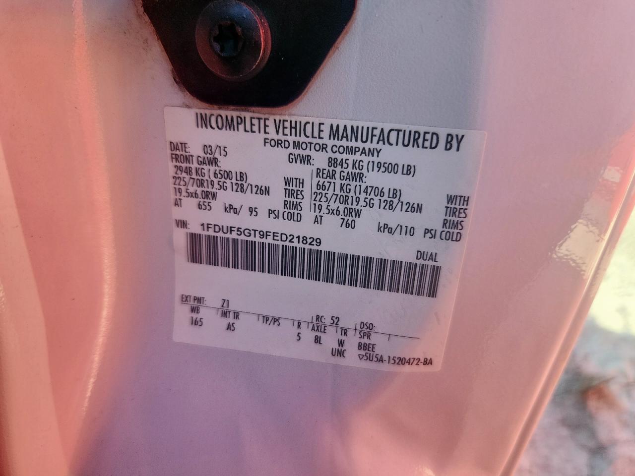 2015 Ford F550 Super Duty VIN: 1FDUF5GT9FED21829 Lot: 85859625