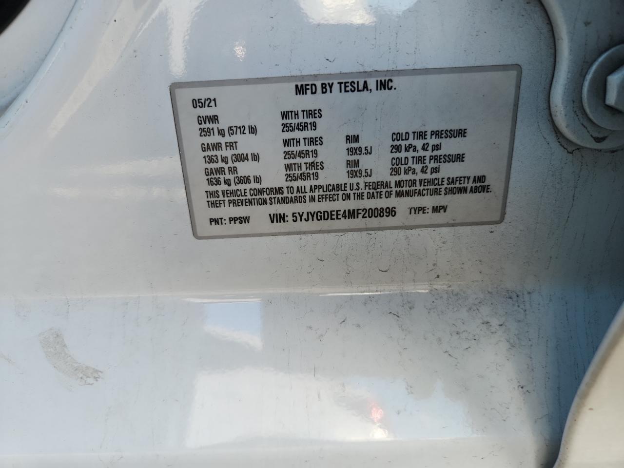 2021 Tesla Model Y VIN: 5YJYGDEE4MF200896 Lot: 85869335