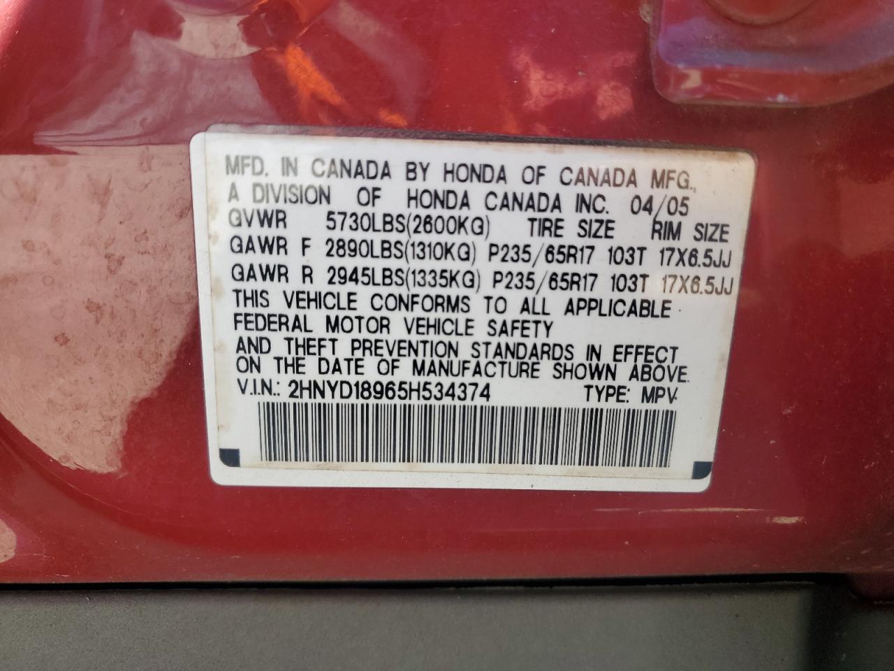 2005 Acura Mdx Touring VIN: 2HNYD18965H534374 Lot: 84619185