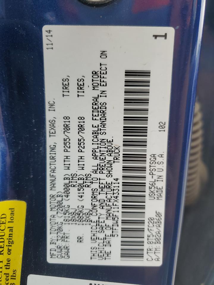 2015 Toyota Tundra Crewmax Sr5 VIN: 5TFDW5F11FX433114 Lot: 90401045