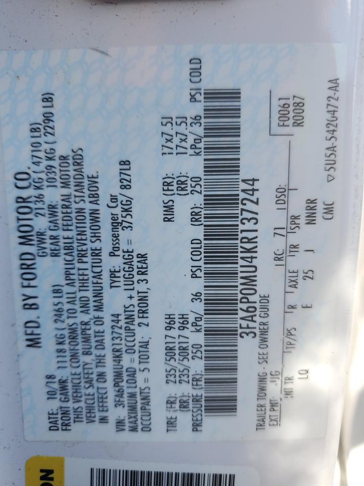 2019 Ford Fusion Sel VIN: 3FA6P0MU4KR137244 Lot: 81267275