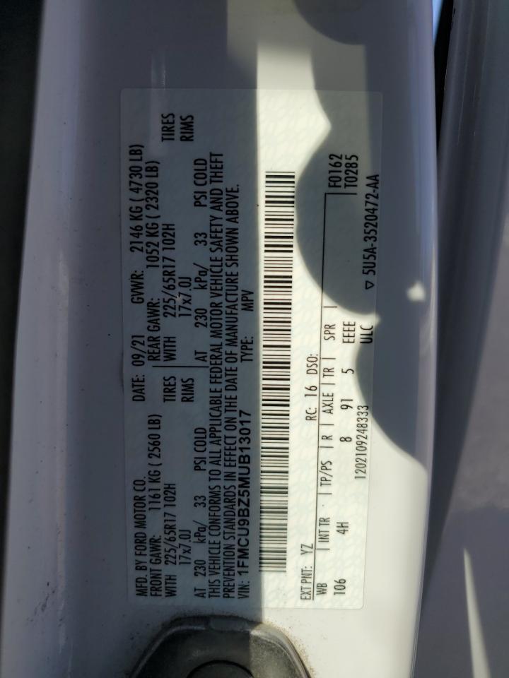 2021 Ford Escape Se VIN: 1FMCU9BZ5MUB13017 Lot: 85083675