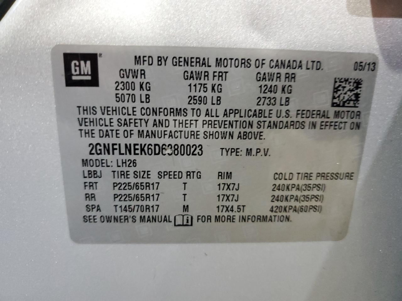 2013 Chevrolet Equinox Lt VIN: 2GNFLNEK6D6380023 Lot: 85178005