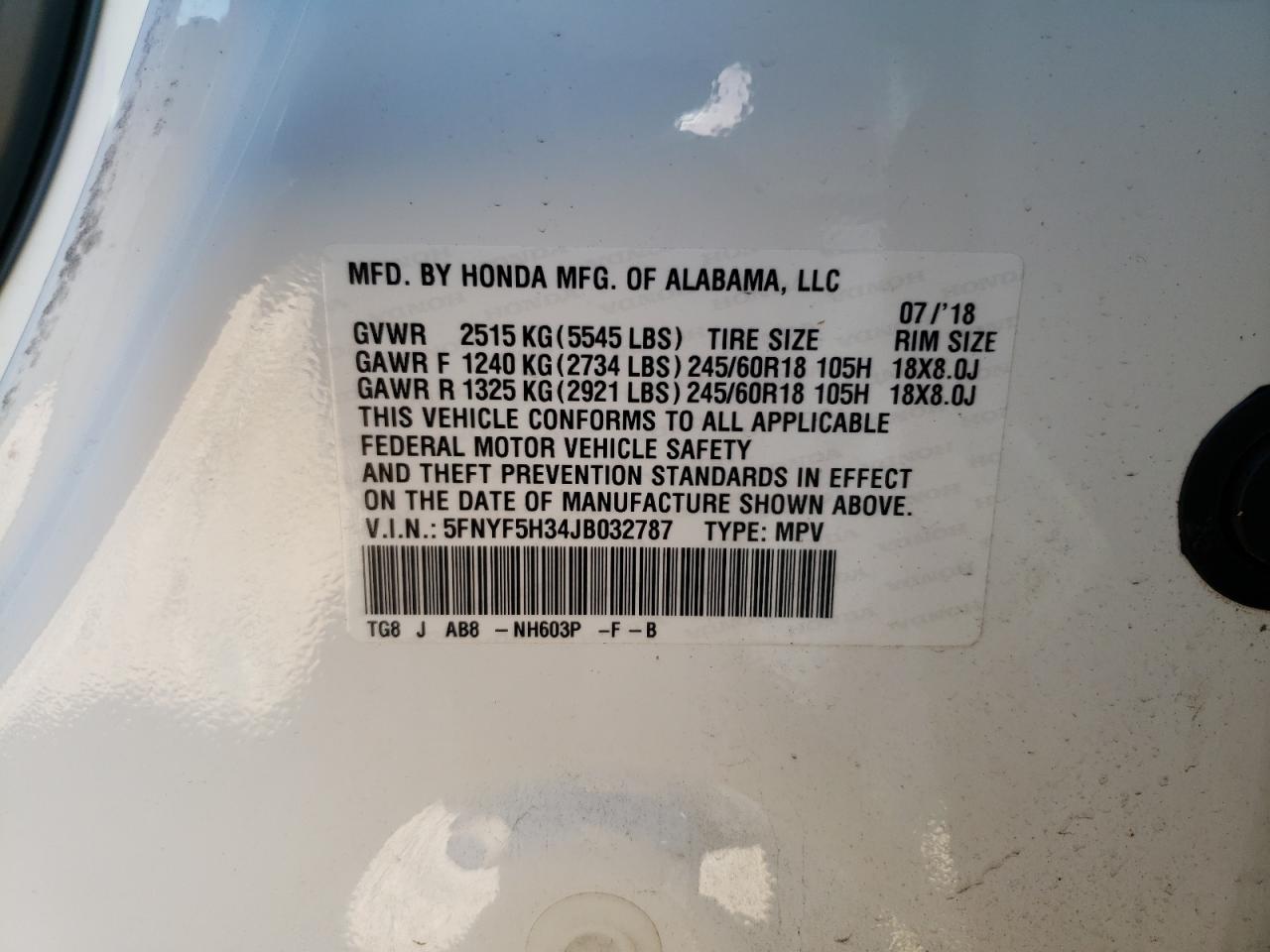 2018 Honda Pilot Ex VIN: 5FNYF5H34JB032787 Lot: 82589605