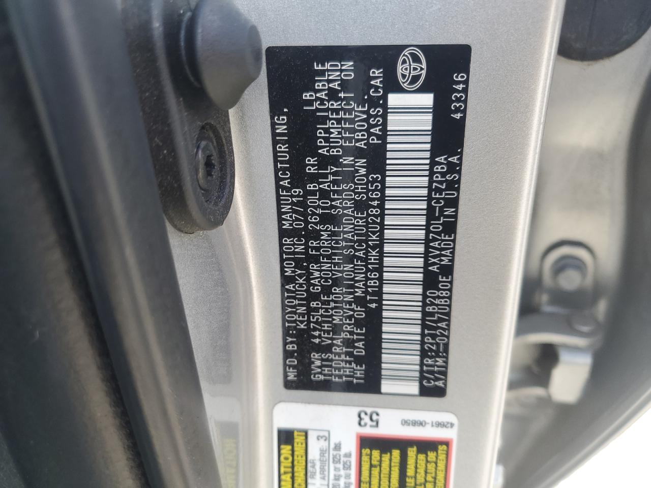 2019 Toyota Camry Xse VIN: 4T1B61HK1KU284653 Lot: 85929675