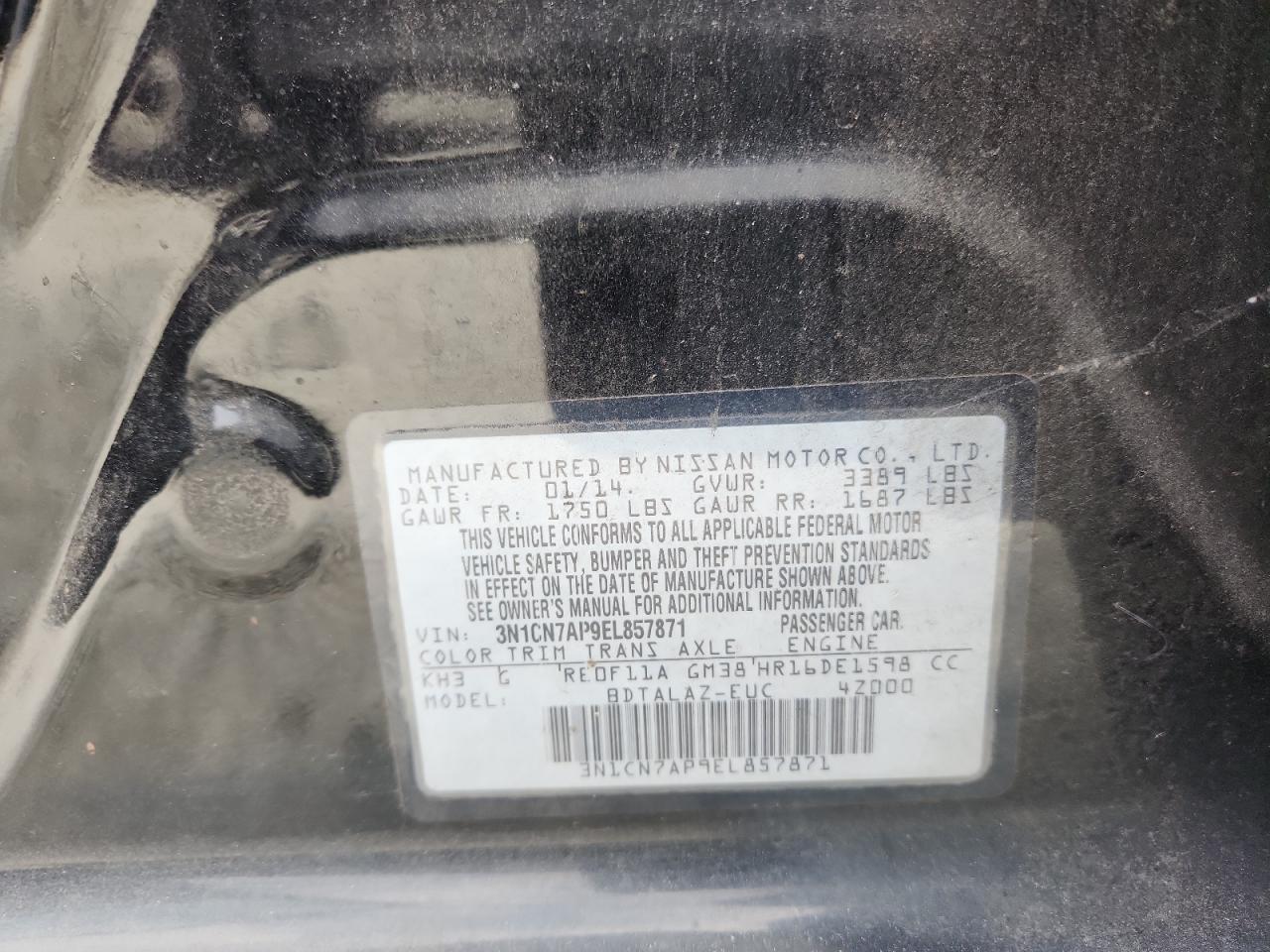 2014 Nissan Versa S VIN: 3N1CN7AP9EL857871 Lot: 85005865