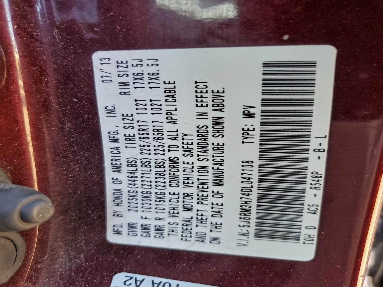 2013 Honda Cr-V Exl VIN: 5J6RM3H74DL047108 Lot: 90916875