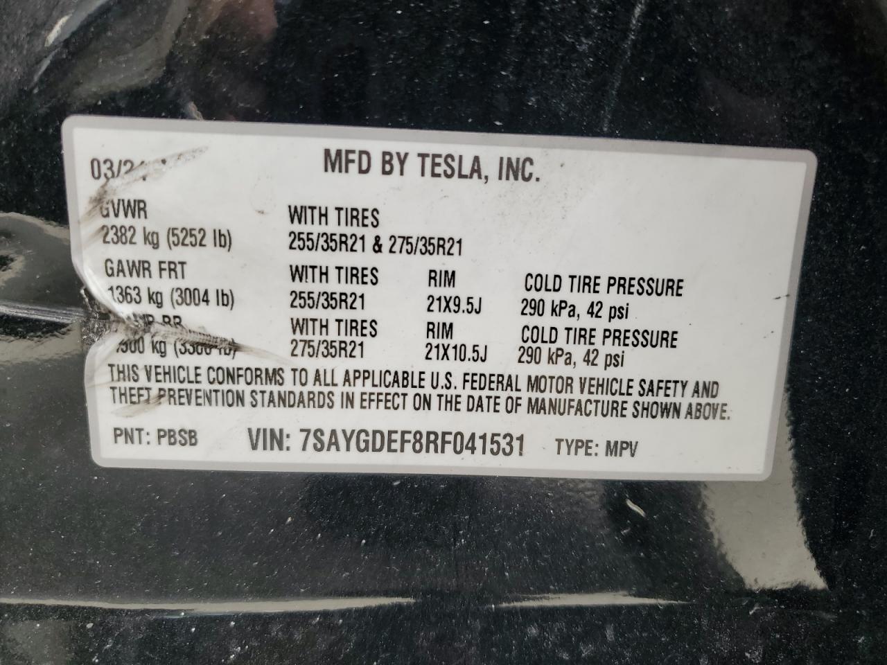 2024 Tesla Model Y VIN: 7SAYGDEF8RF041531 Lot: 85137065