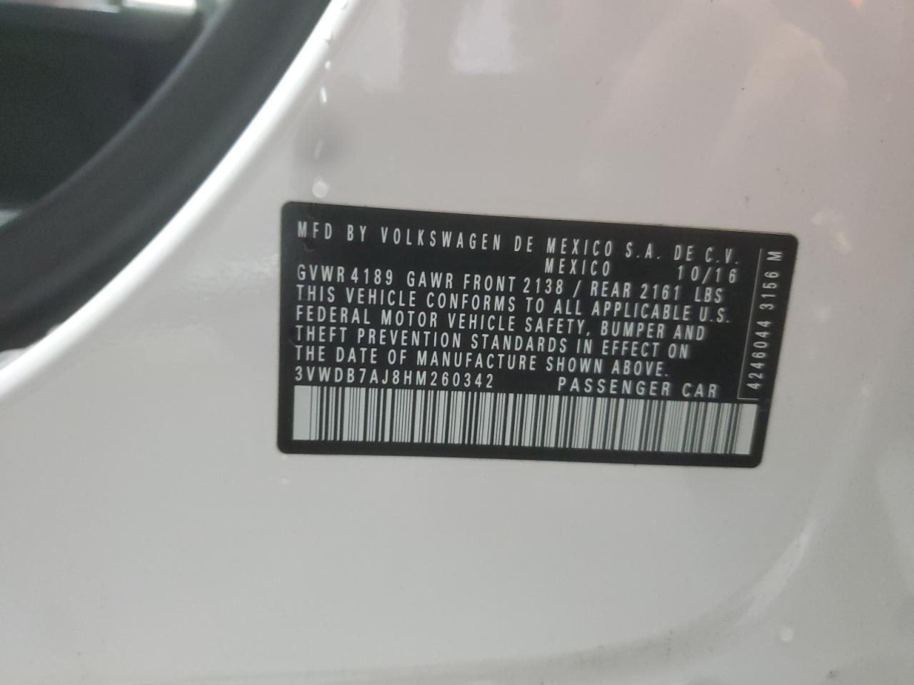 2017 Volkswagen Jetta Se VIN: 3VWDB7AJ8HM260342 Lot: 86259845
