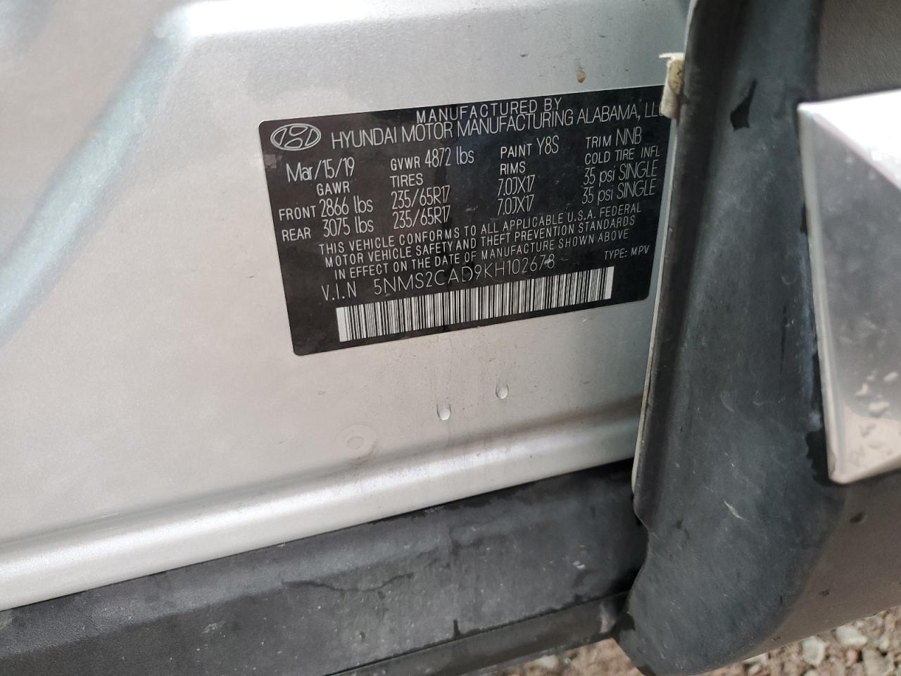 2019 Hyundai Santa Fe Se VIN: 5NMS2CAD9KH102678 Lot: 86086815