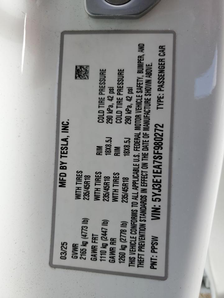 2025 Tesla Model 3 VIN: 5YJ3E1EA7SF980272 Lot: 85148845
