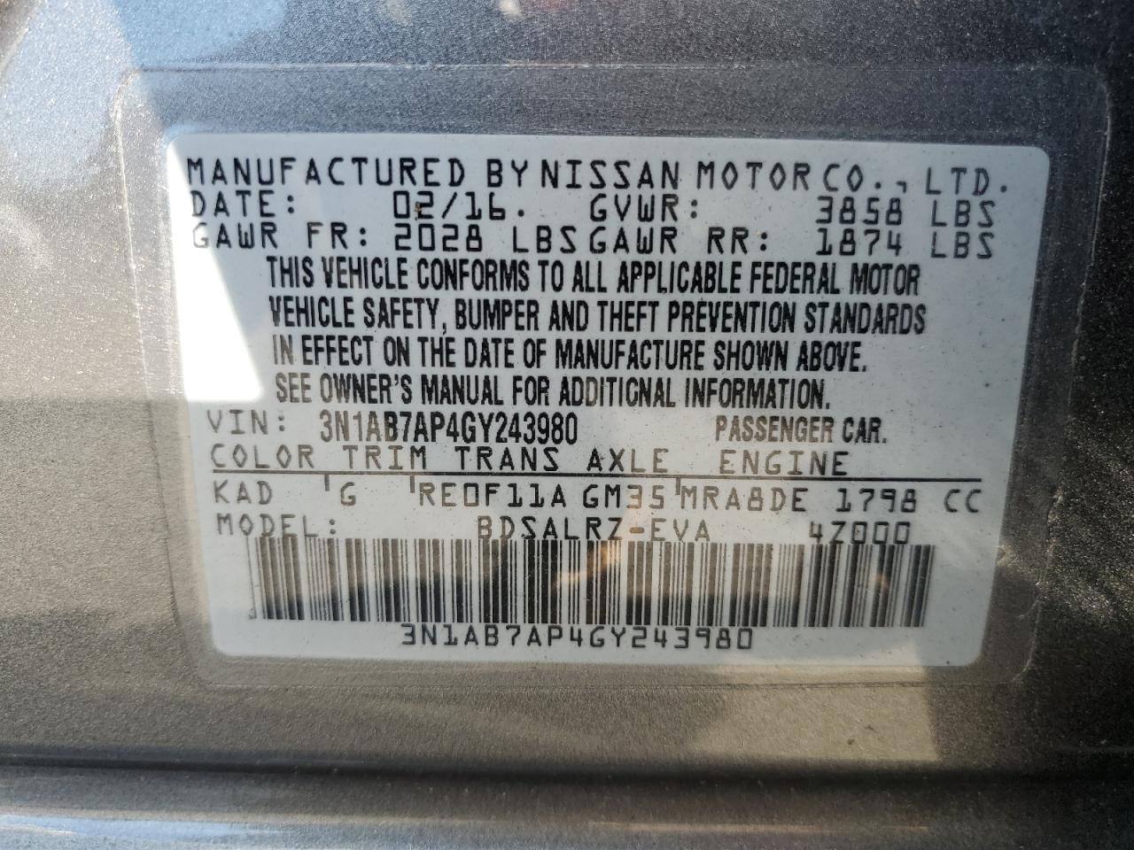 2016 Nissan Sentra S VIN: 3N1AB7AP4GY243980 Lot: 84703345