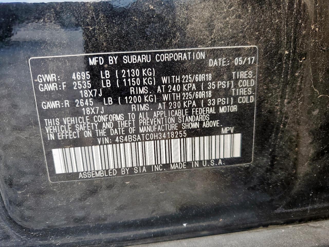 2017 Subaru Outback Touring VIN: 4S4BSATC0H3418255 Lot: 84798825