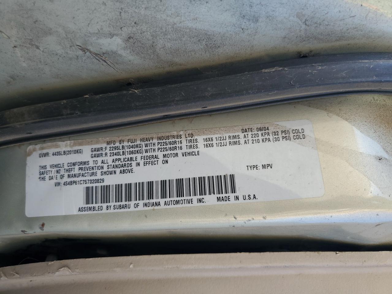 2005 Subaru Legacy Outback 2.5I VIN: 4S4BP61C757320829 Lot: 85077365