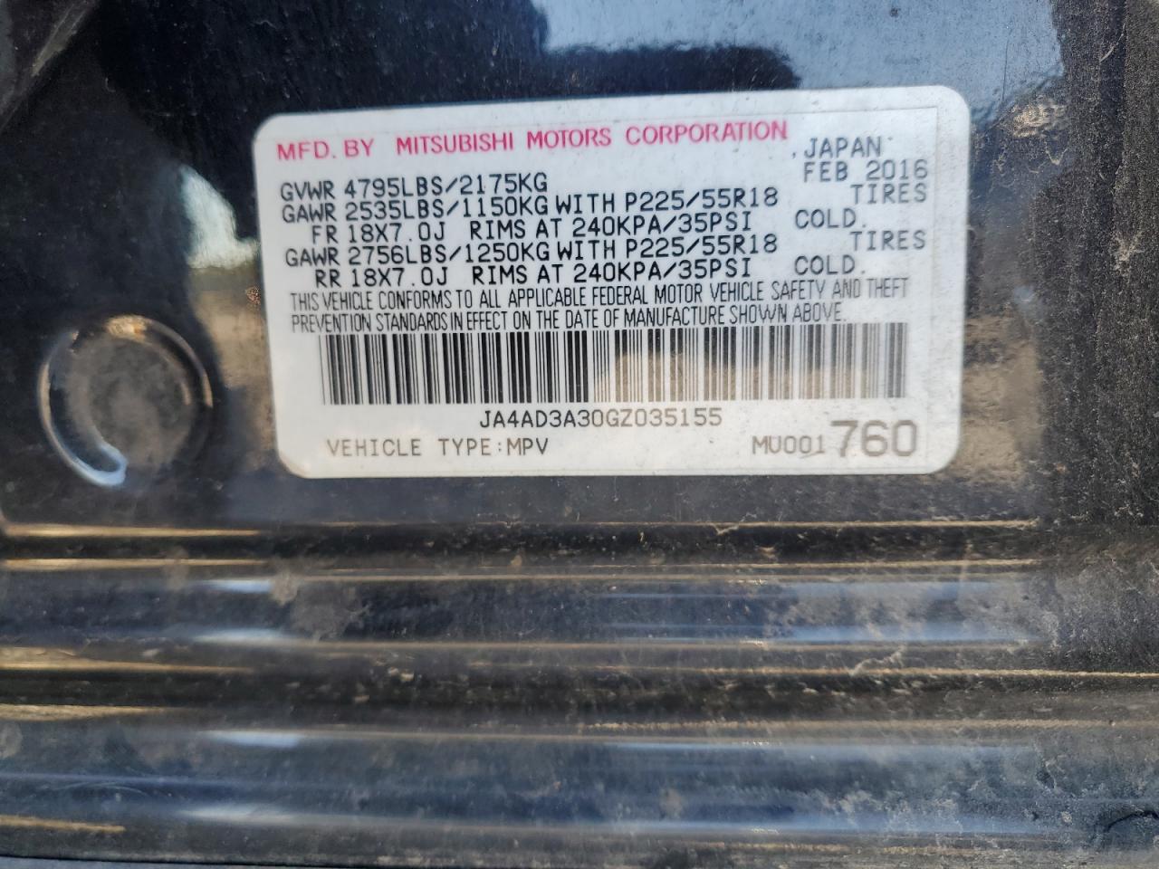 2016 Mitsubishi Outlander Se VIN: JA4AD3A30GZ035155 Lot: 90727825