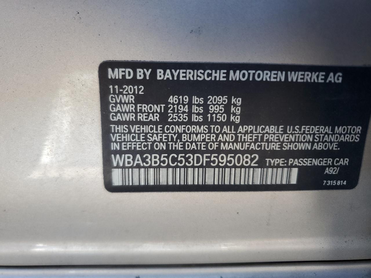 2013 BMW 328 Xi Sulev VIN: WBA3B5C53DF595082 Lot: 84819145