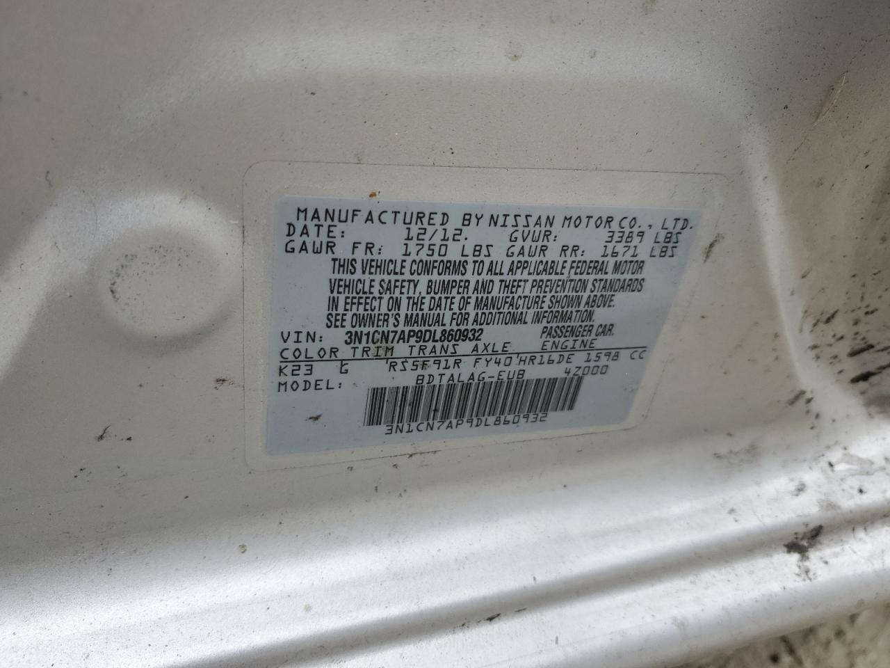 2013 Nissan Versa S VIN: 3N1CN7AP9DL860932 Lot: 85744775