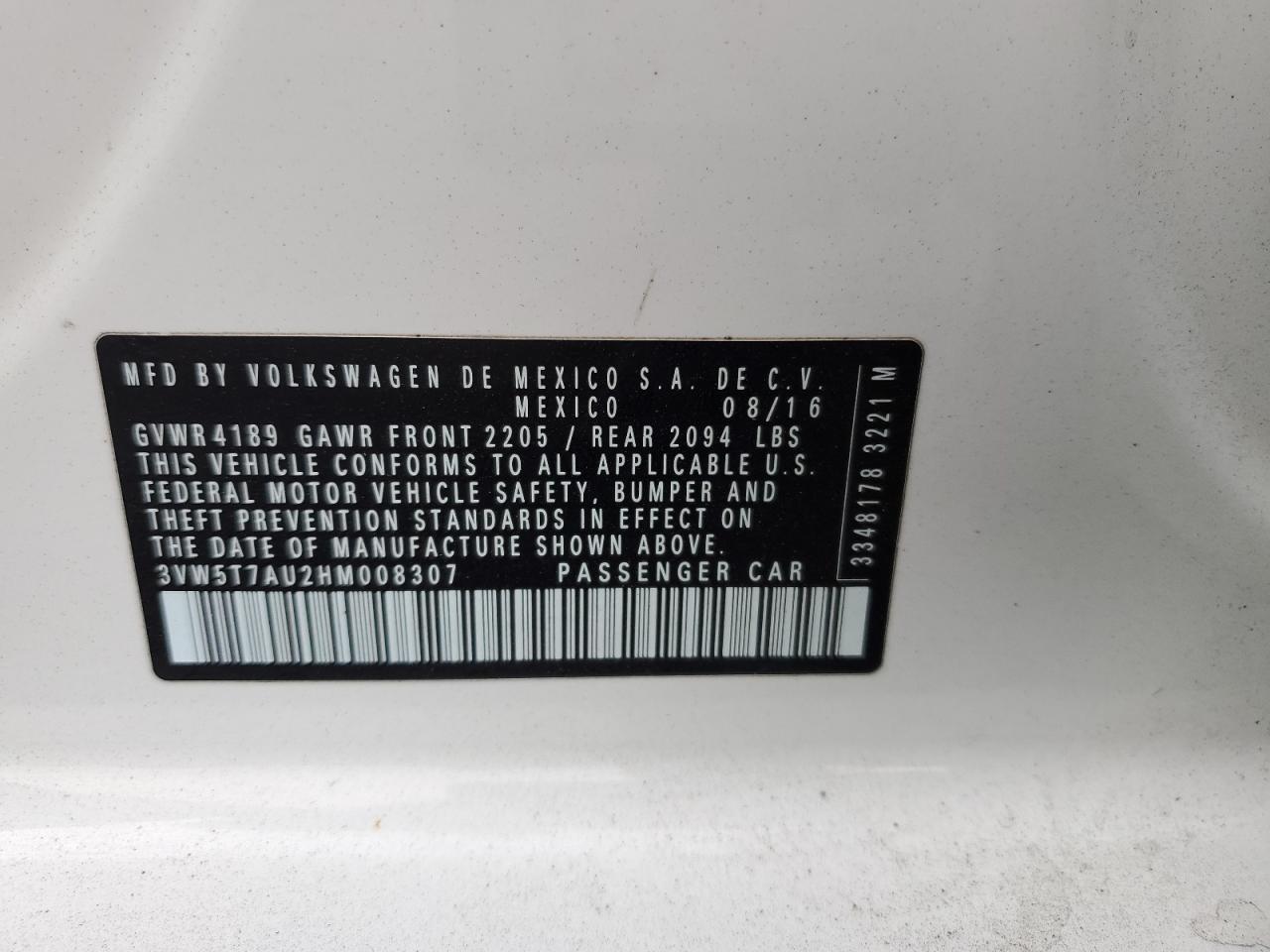 2017 Volkswagen Gti S VIN: 3VW5T7AU2HM008307 Lot: 84868195