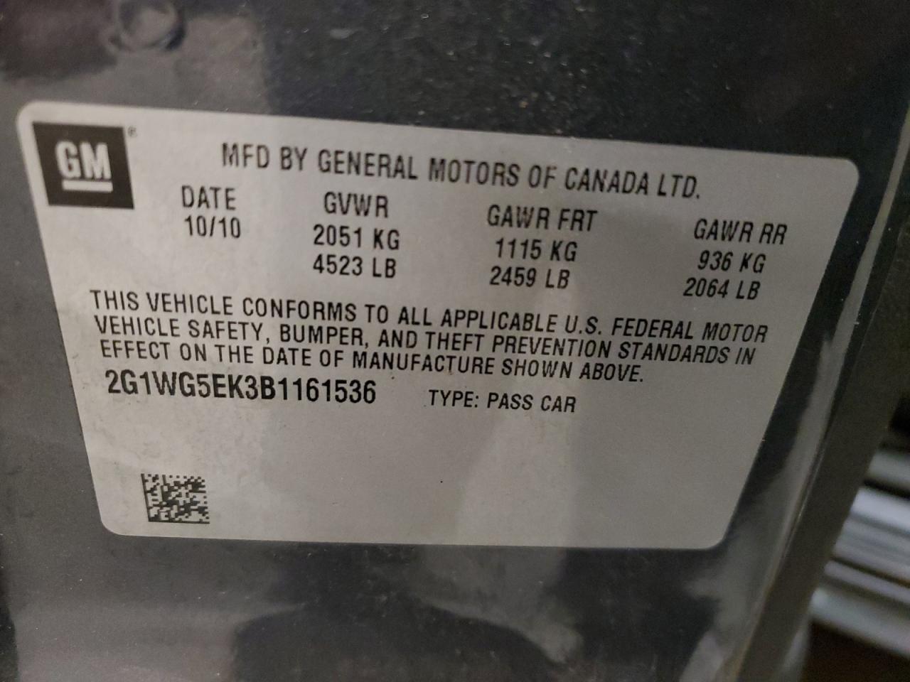 2011 Chevrolet Impala Lt VIN: 2G1WG5EK3B1161536 Lot: 86799375