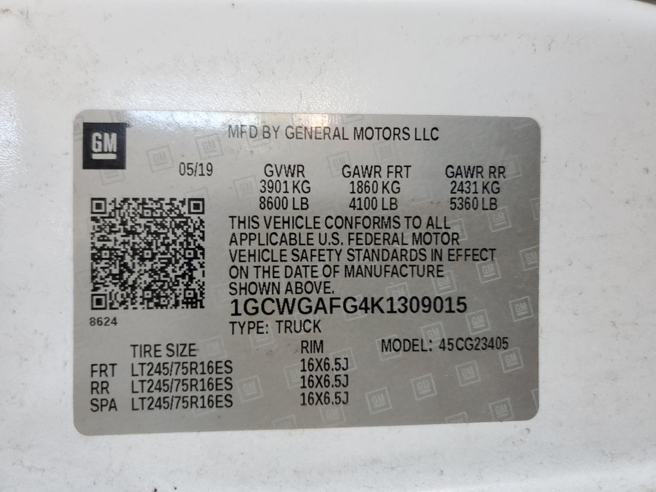 2019 Chevrolet Express G2500 VIN: 1GCWGAFG4K1309015 Lot: 85479455