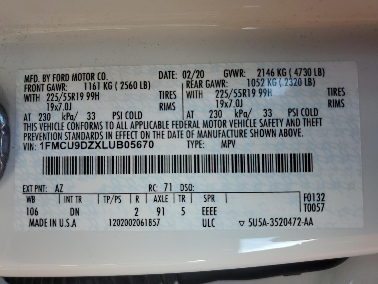 2020 Ford Escape Titanium VIN: 1FMCU9DZXLUB05670 Lot: 85186115