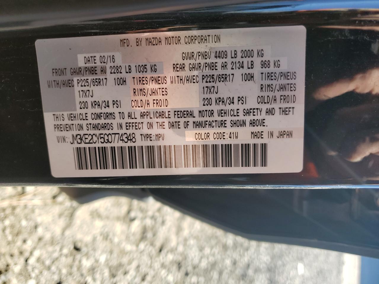 2016 Mazda Cx-5 Touring VIN: JM3KE2CY5G0774348 Lot: 86701035