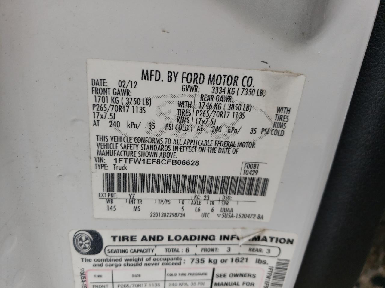 2012 Ford F150 Supercrew VIN: 1FTFW1EF8CFB06628 Lot: 70322585