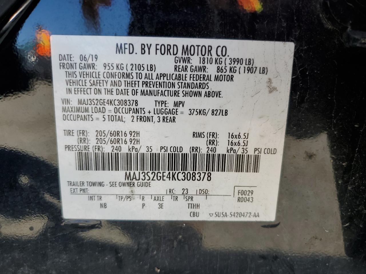 2019 Ford Ecosport Se VIN: MAJ3S2GE4KC308378 Lot: 85700355