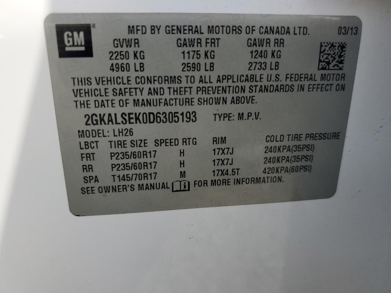 2013 GMC Terrain Sle VIN: 2GKALSEK0D6305193 Lot: 86090845
