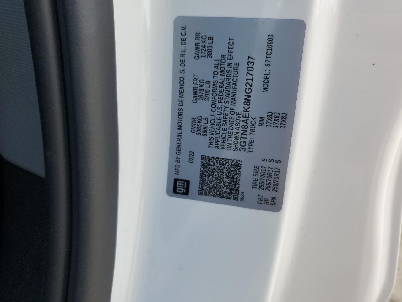 2022 GMC Sierra Limited C1500 VIN: 3GTN8AEK8NG217037 Lot: 84926515