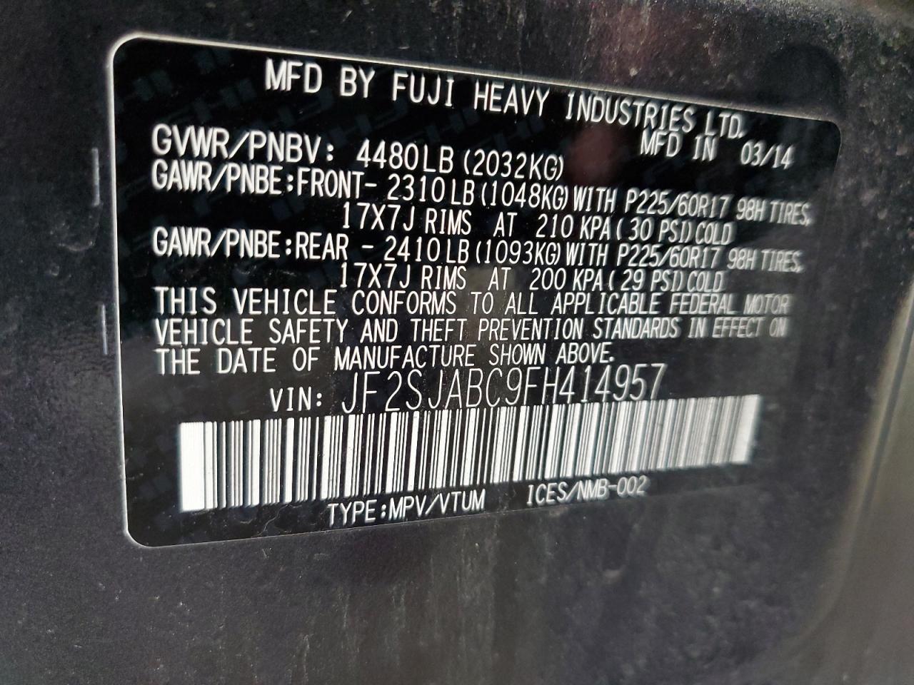 2015 Subaru Forester 2.5I VIN: JF2SJABC9FH414957 Lot: 80995375