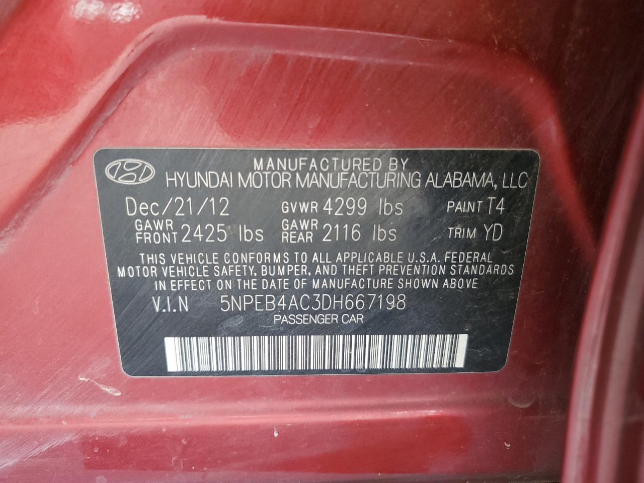 2013 Hyundai Sonata Gls VIN: 5NPEB4AC3DH667198 Lot: 85685355